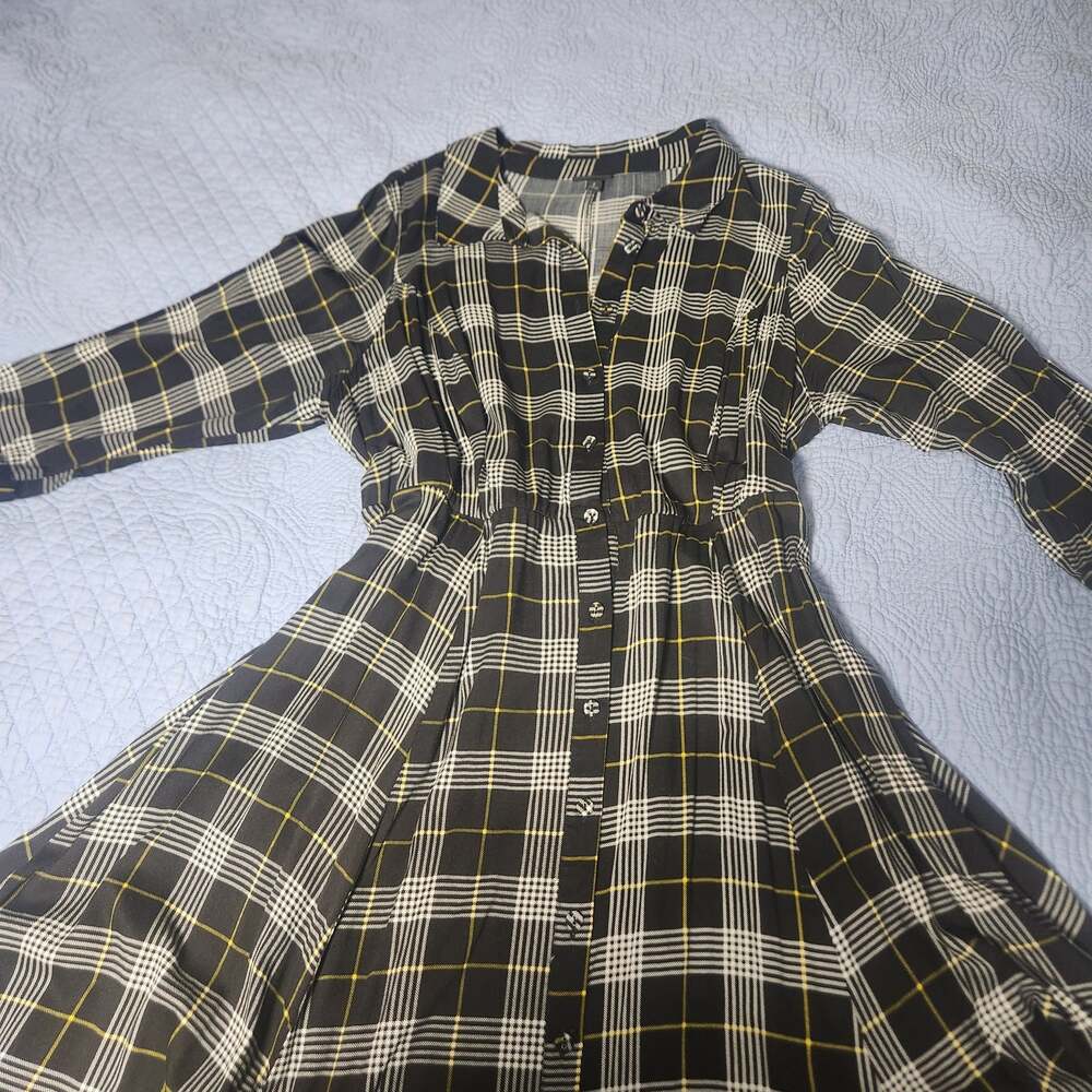 Torrid Plaid Rayon Maxi Shirt Dress Black White Yellow 2X
